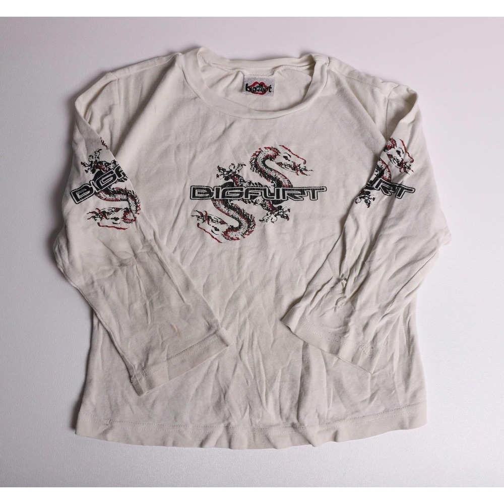 Vintage Big Flirt Dragon Graphic Long Sleeve Tee Y2K Off White Cream Top
